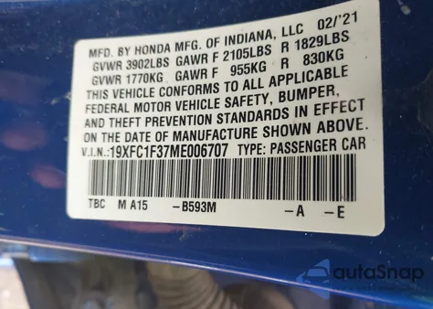 2021 Honda Civic Ex z USA, uszkodzony, nr VIN 19XFC1F37ME006707